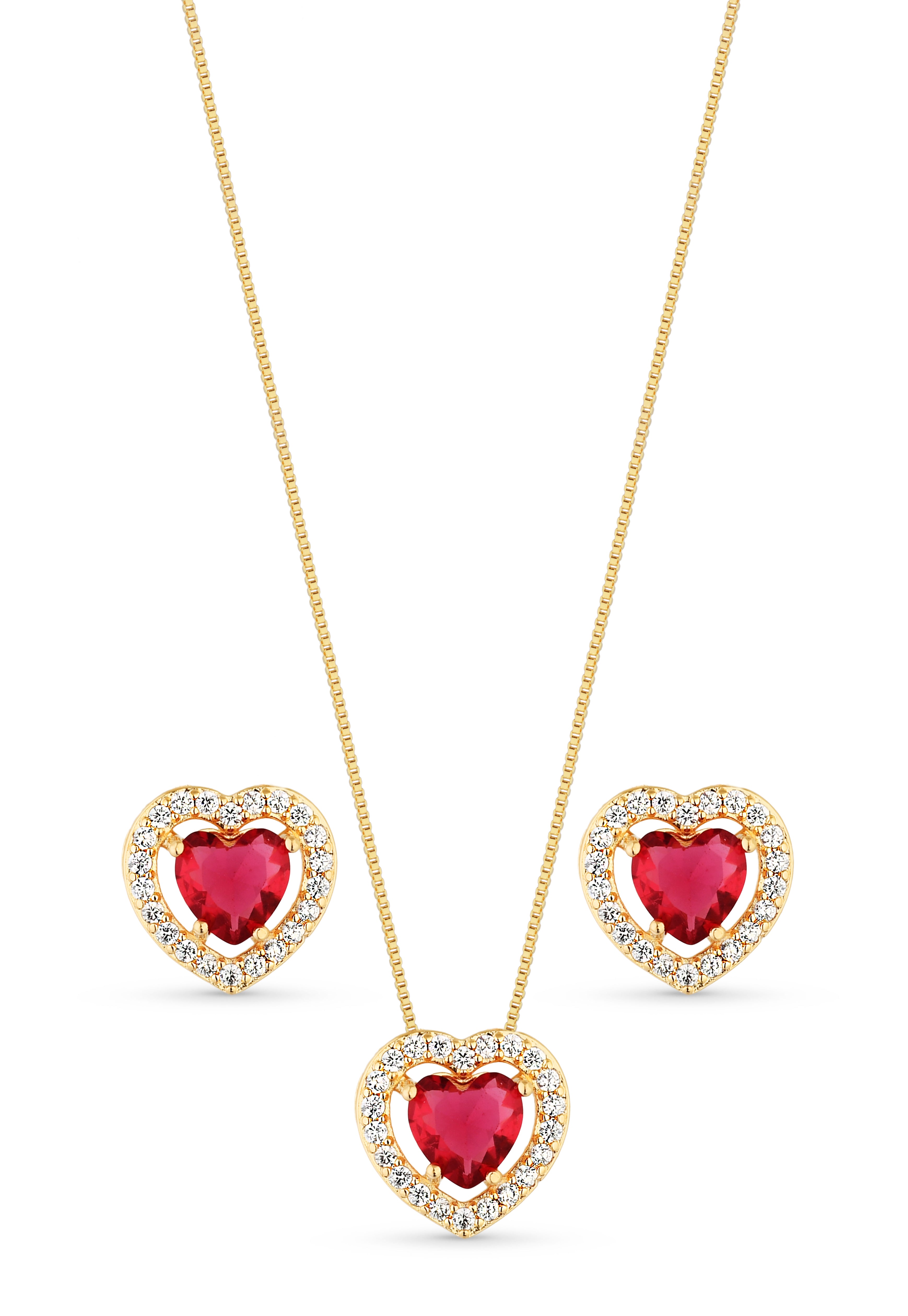 Conjunto Semijoia Colar E Brinco Coração Fúcsia E Micro Zircônias Banhado A Ouro 18k
