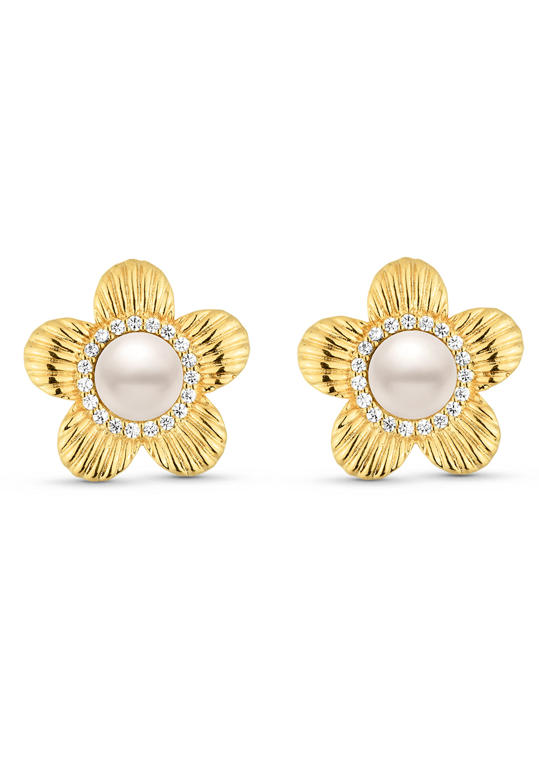 Brinco Semijoia Flor com Pérola Envolta de Zircônias Banhado a Ouro 18k