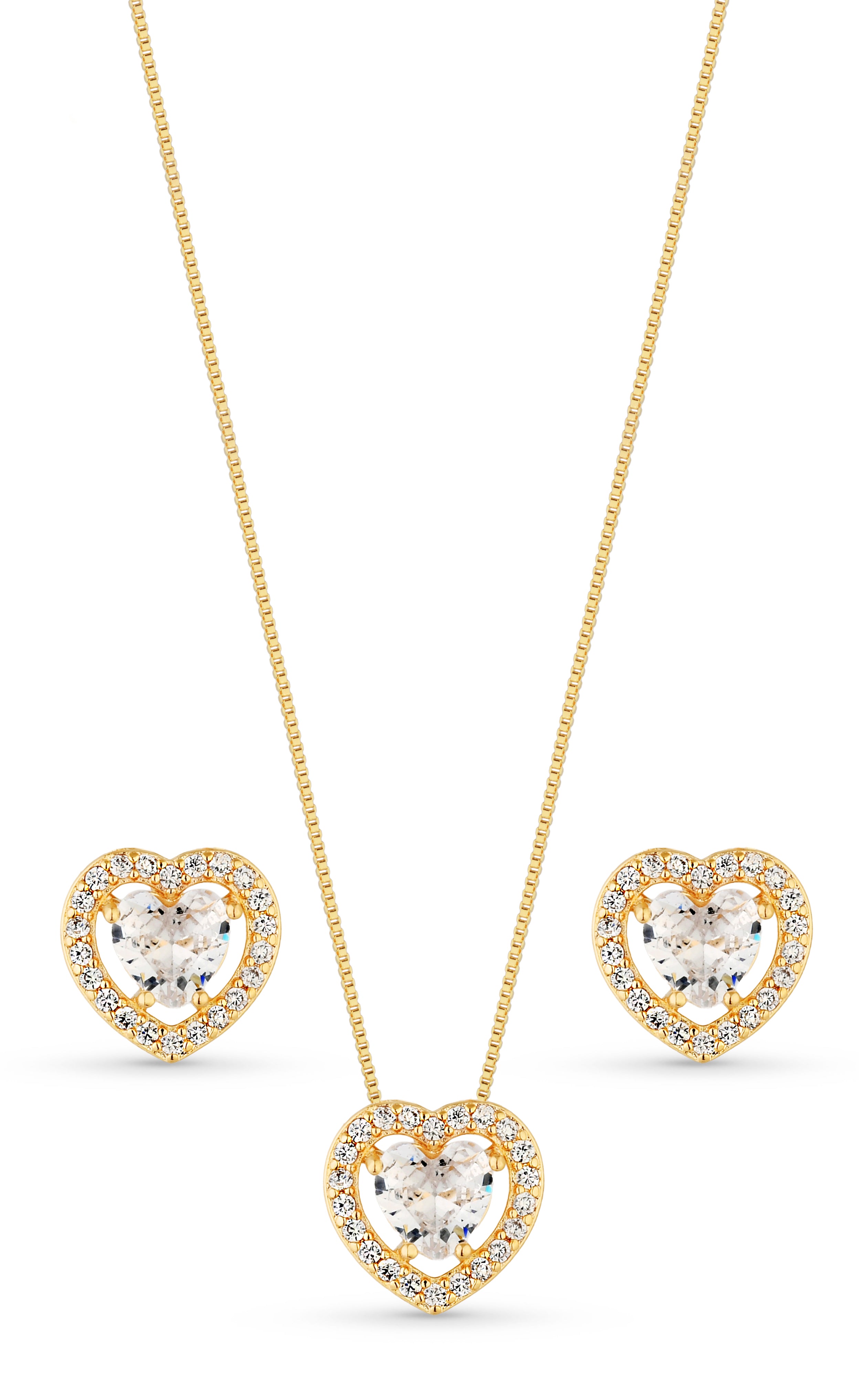 Conjunto Semijoia Colar E Brinco Coração Cristal E Micro Zircônias Banhado A Ouro 18K