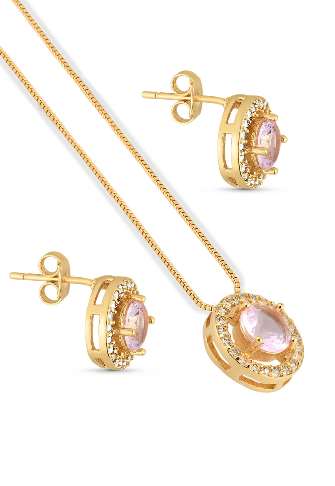 Conjunto Semijoia Colar E Brinco Pedra Rosa Cravejado Zircônias Banhado a Ouro 18k