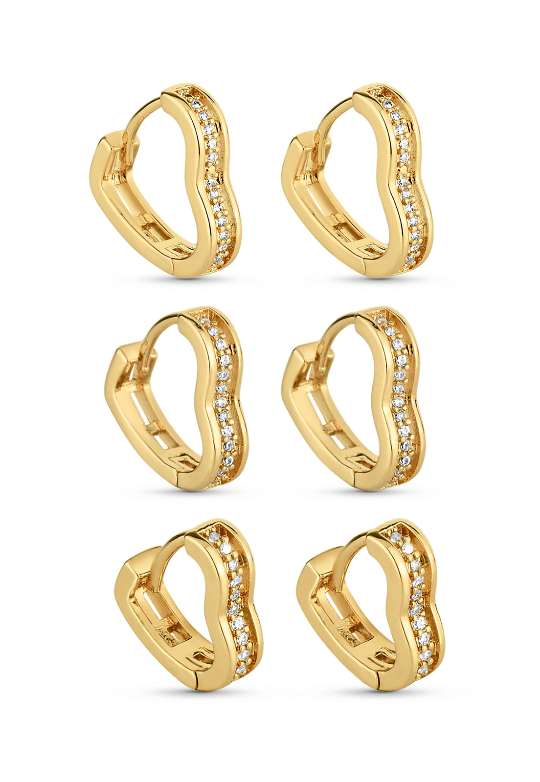 Trio de Brincos Semijoia Argolas Coração com Zircônias (12-14-16mm) Banhado a Ouro 18k