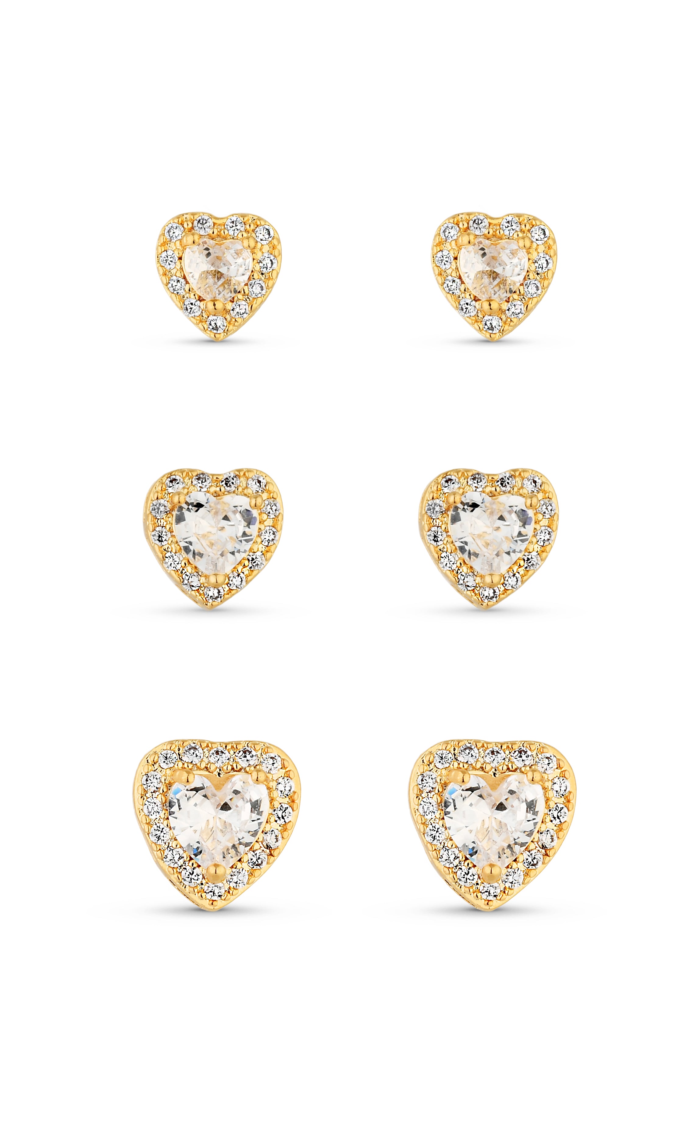 Trio de Brincos Semijoia Coração Cristal com Micro Zircônias  Banhados a ouro 18k