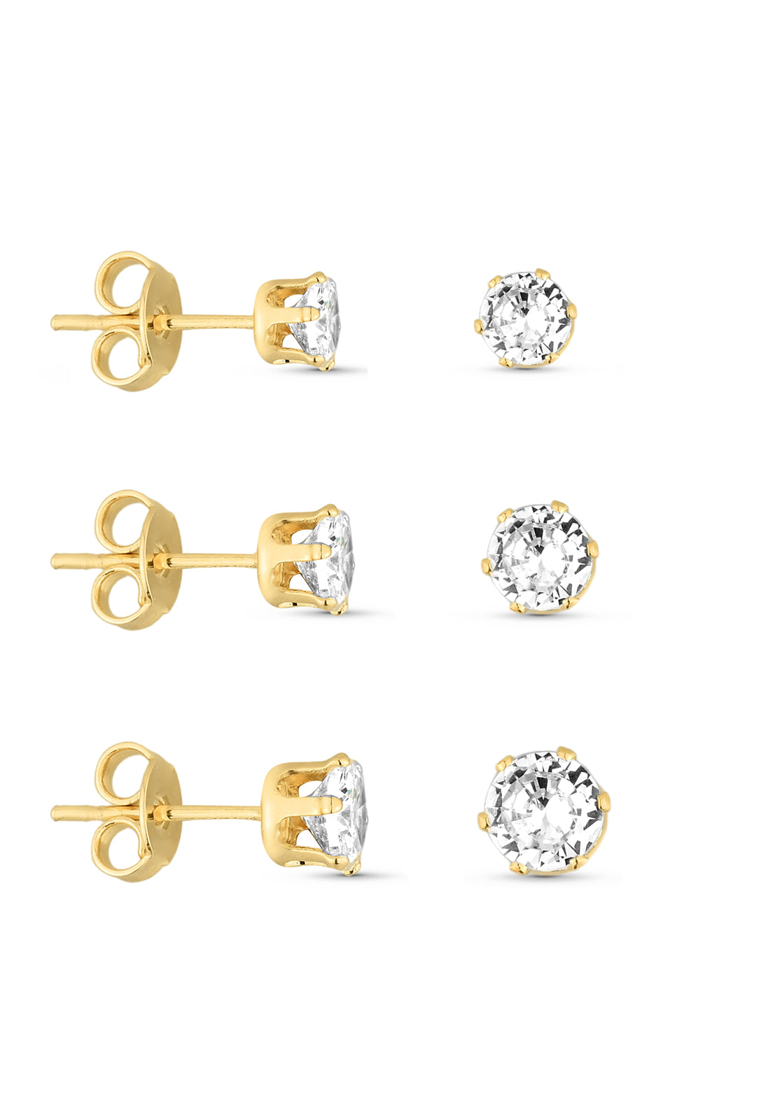 Trio de Brincos Semijoia Ponto de Luz Zircônia Cristal (3-4-5mm) Banhado a Ouro 18k