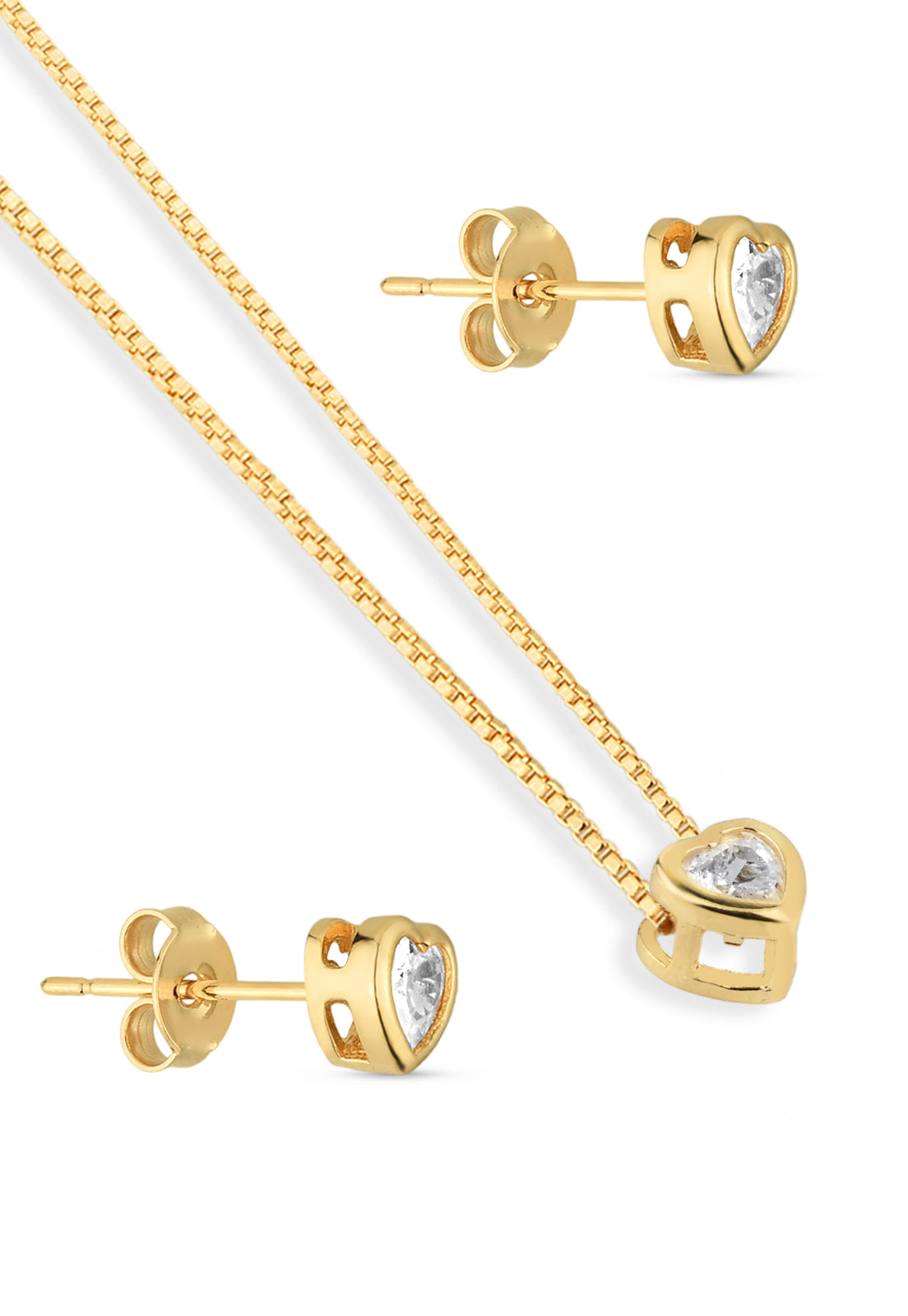 Conjunto Semijoia Colar E Brinco Coração Com Zircônia Branca Banhado a Ouro 18k