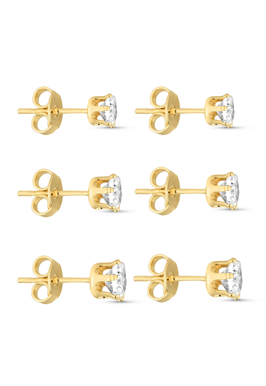 Trio de Brincos Semijoia Ponto de Luz Zircônia Cristal (3-4-5mm) Banhado a Ouro 18k