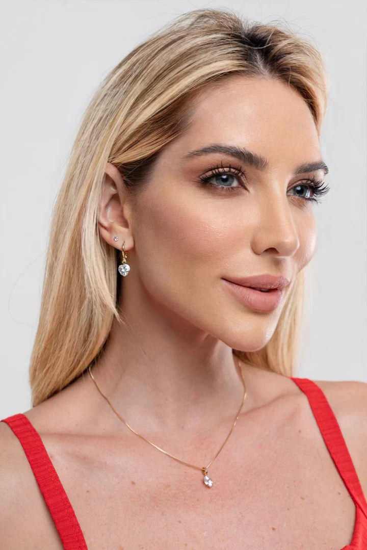 Conjunto Semijoia Colar E Brinco Articulado Coração Zircônia Cristal Banhado a Ouro 18k