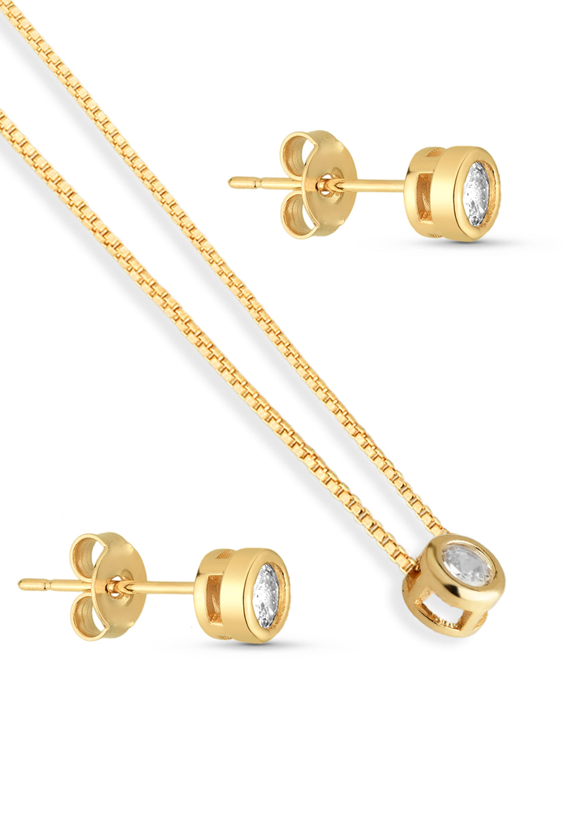 Conjunto Semijoia Colar E Brinco Ponto De Luz Com Zircônia Branca Banhado a Ouro 18k