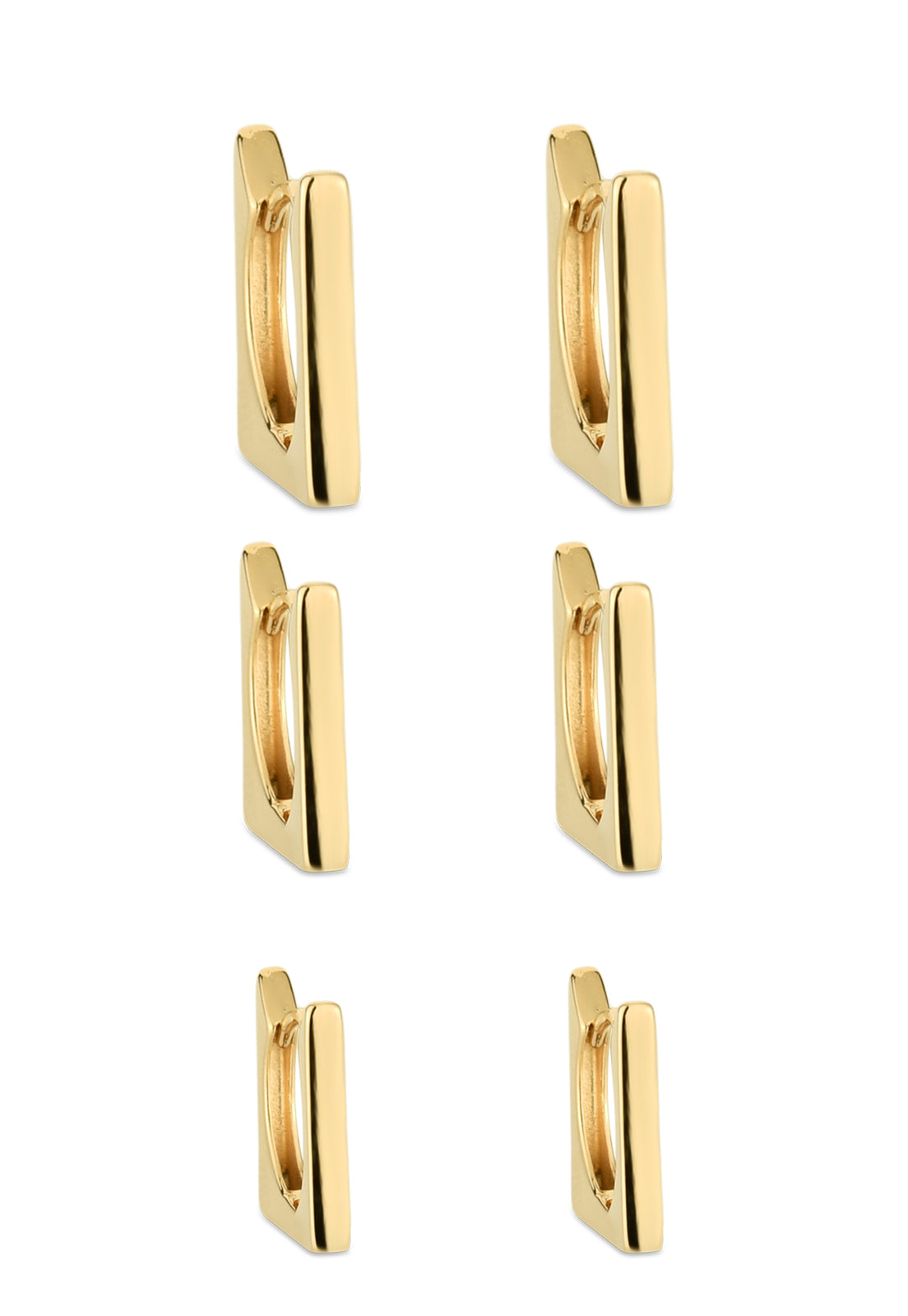 Trio de Brincos Semijoia Argolas Quadradas Lisas (9-12-14mm) Banhado a Ouro 18k