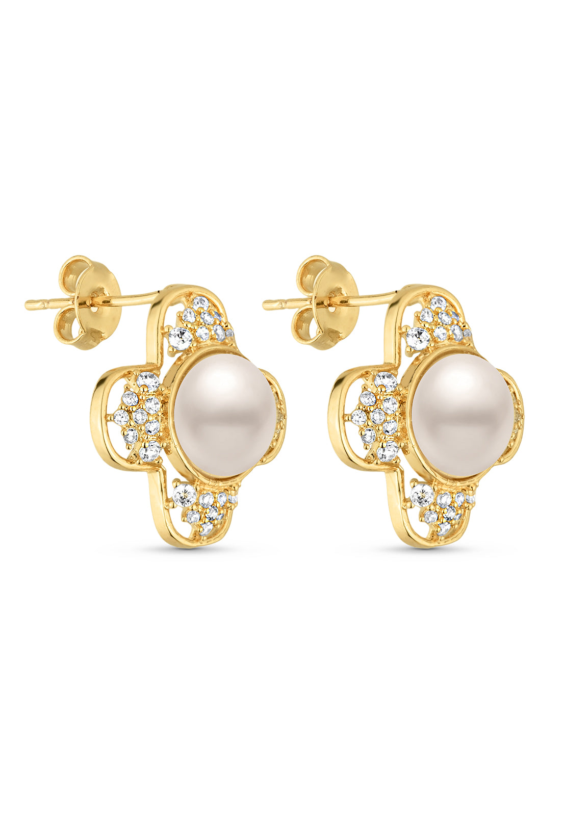 Brinco Semijoia Flor com Pérola e Zircônias Banhado a Ouro 18k