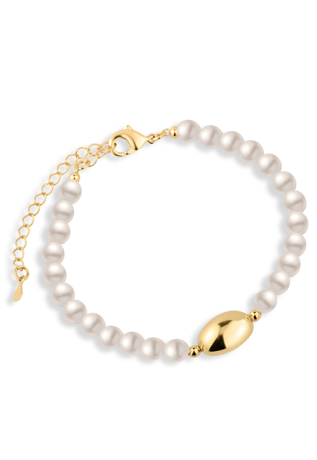 Pulseira Semijoia Pérolas E Esfera Oval Dourada Banhado a Ouro 18k