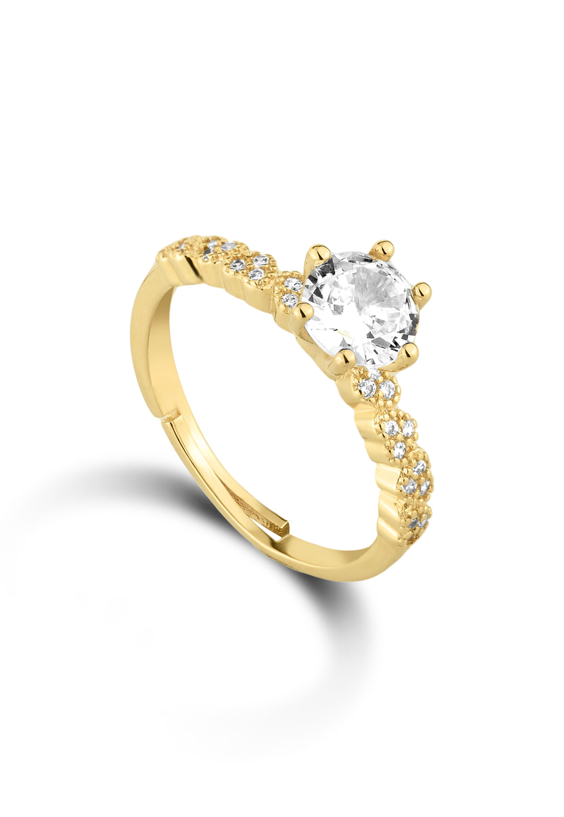 Anel Semijoia Regulável Solitário Cravejado Com Zircônias Cristal Banhado a Ouro 18k