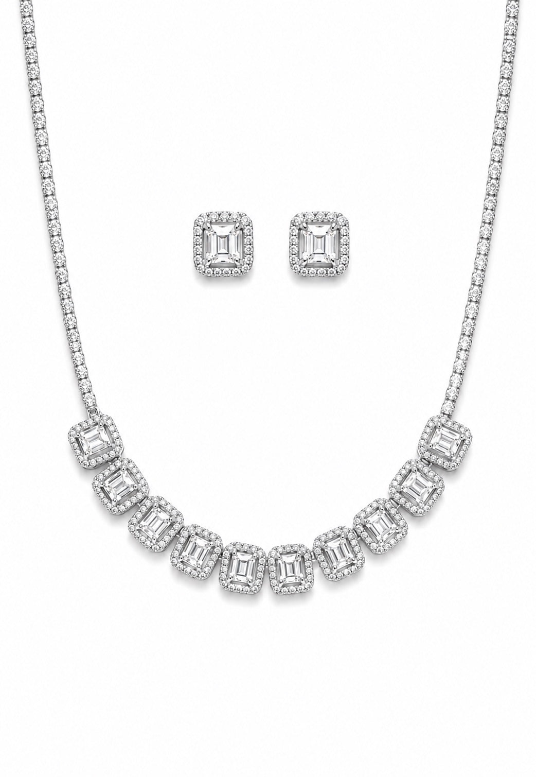 Conjunto Riviera Quadrado com Zircônia Lapidação Retangular Folheado a Ródio