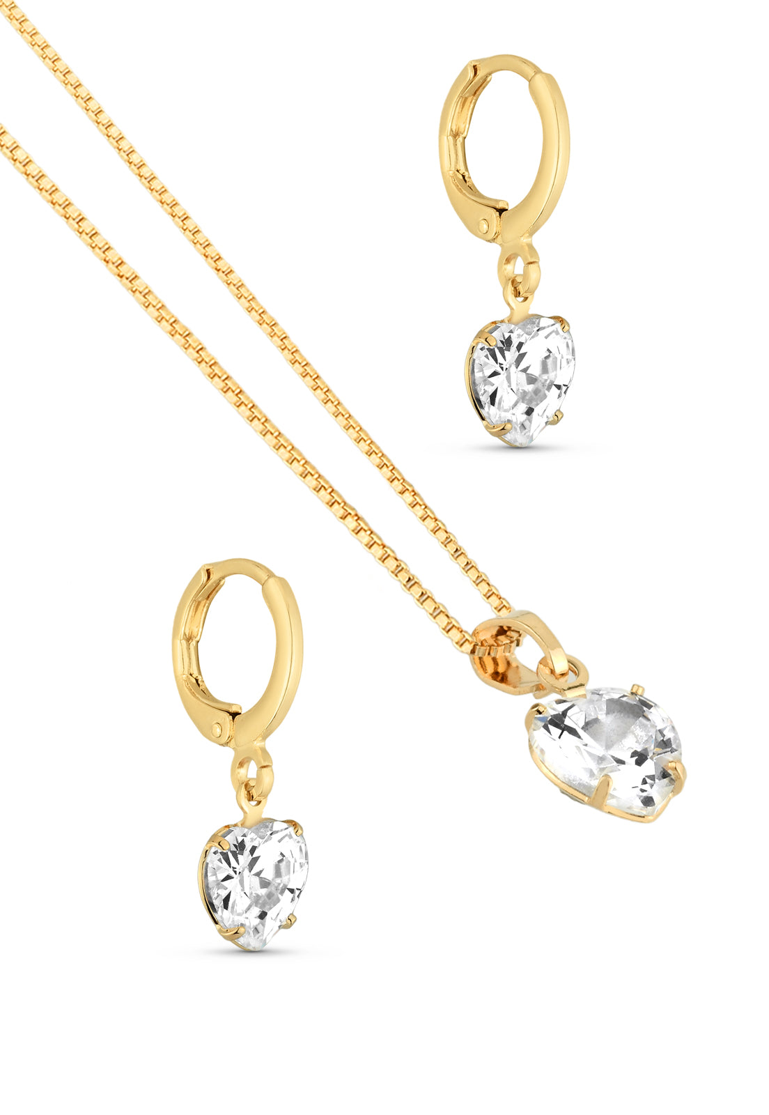 Conjunto Semijoia Colar E Brinco Articulado Coração Zircônia Cristal Banhado a Ouro 18k