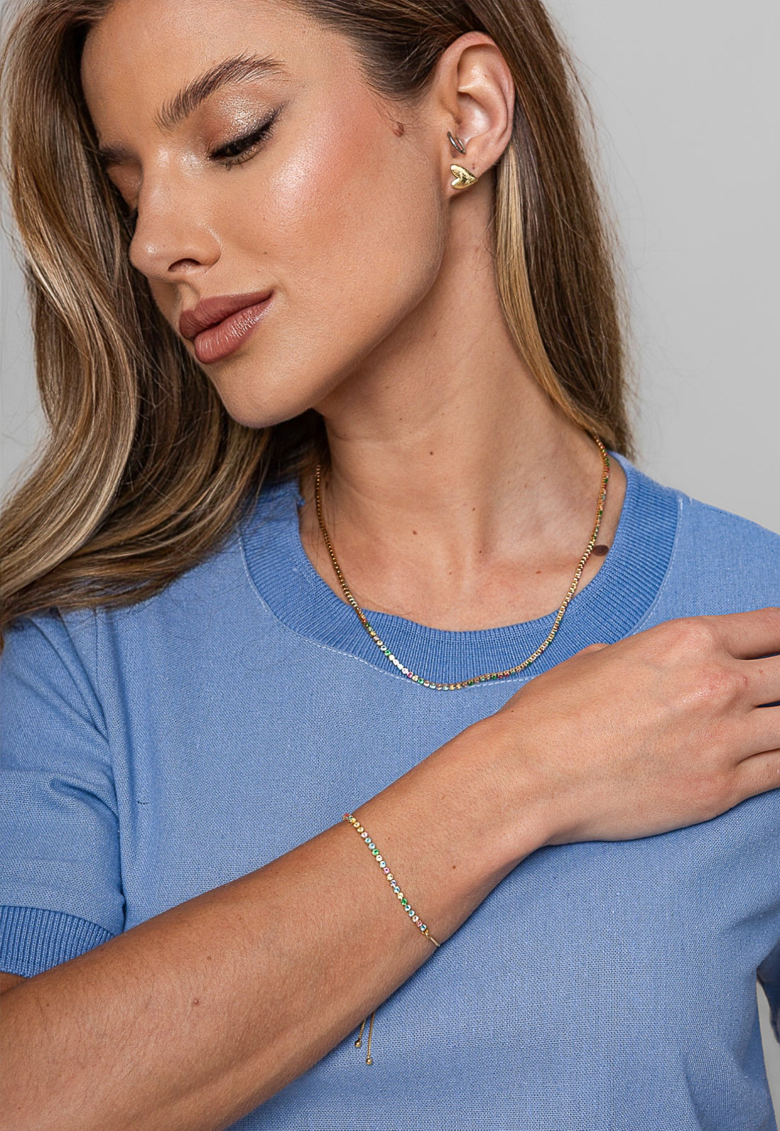 Pulseira Semijoia Riviera Com Zircônias Coloridas Banhada A Ouro 18k