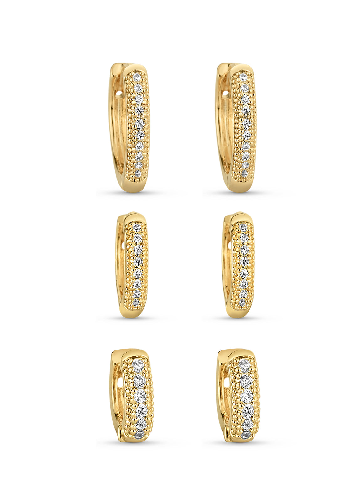 Trio de Brincos Semijoia Argolas com Zircônias Cristal (10-14-16mm) Banhado a Ouro 18k