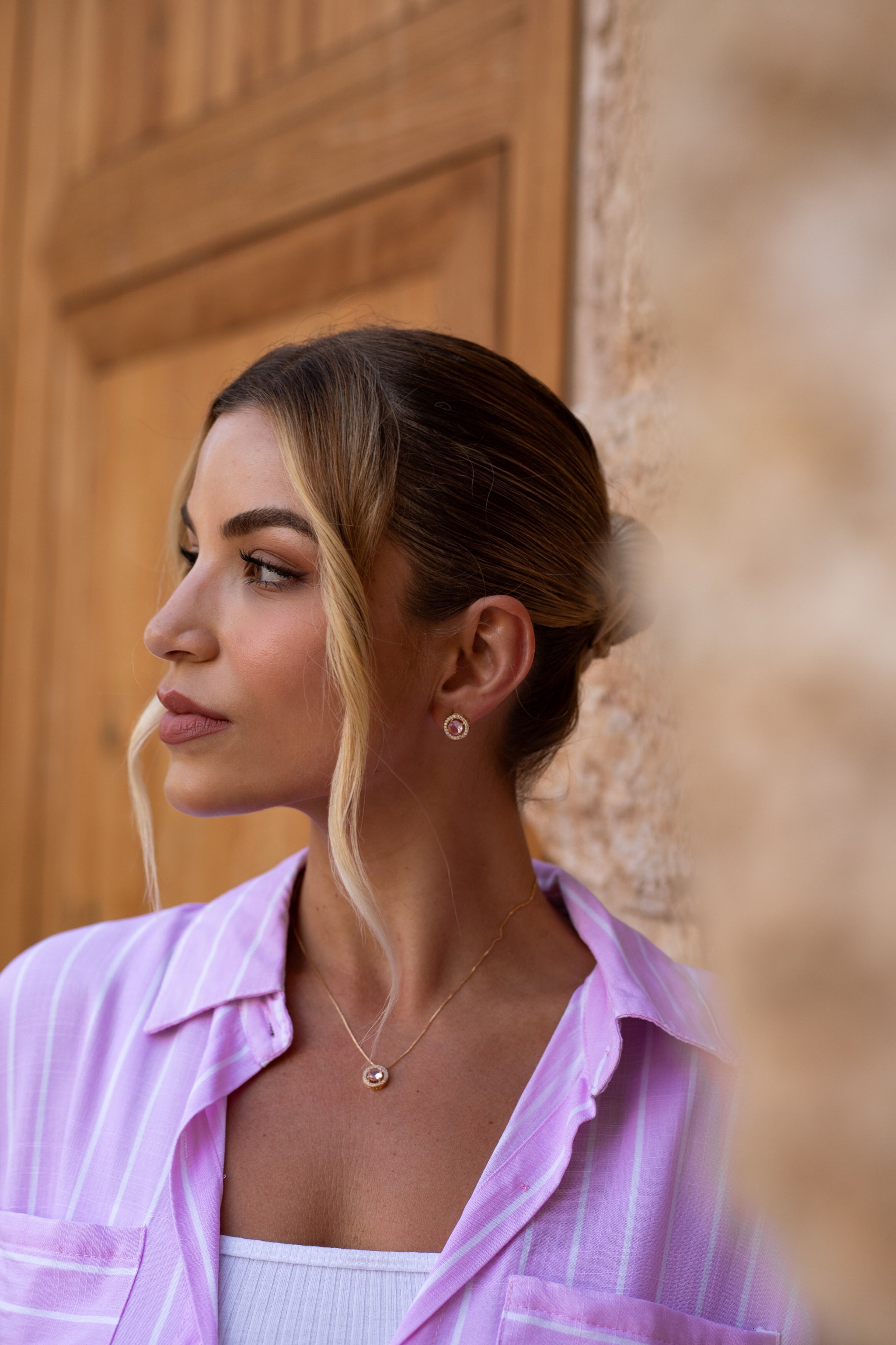 Conjunto Semijoia Colar E Brinco Pedra Rosa Cravejado Zircônias Banhado a Ouro 18k