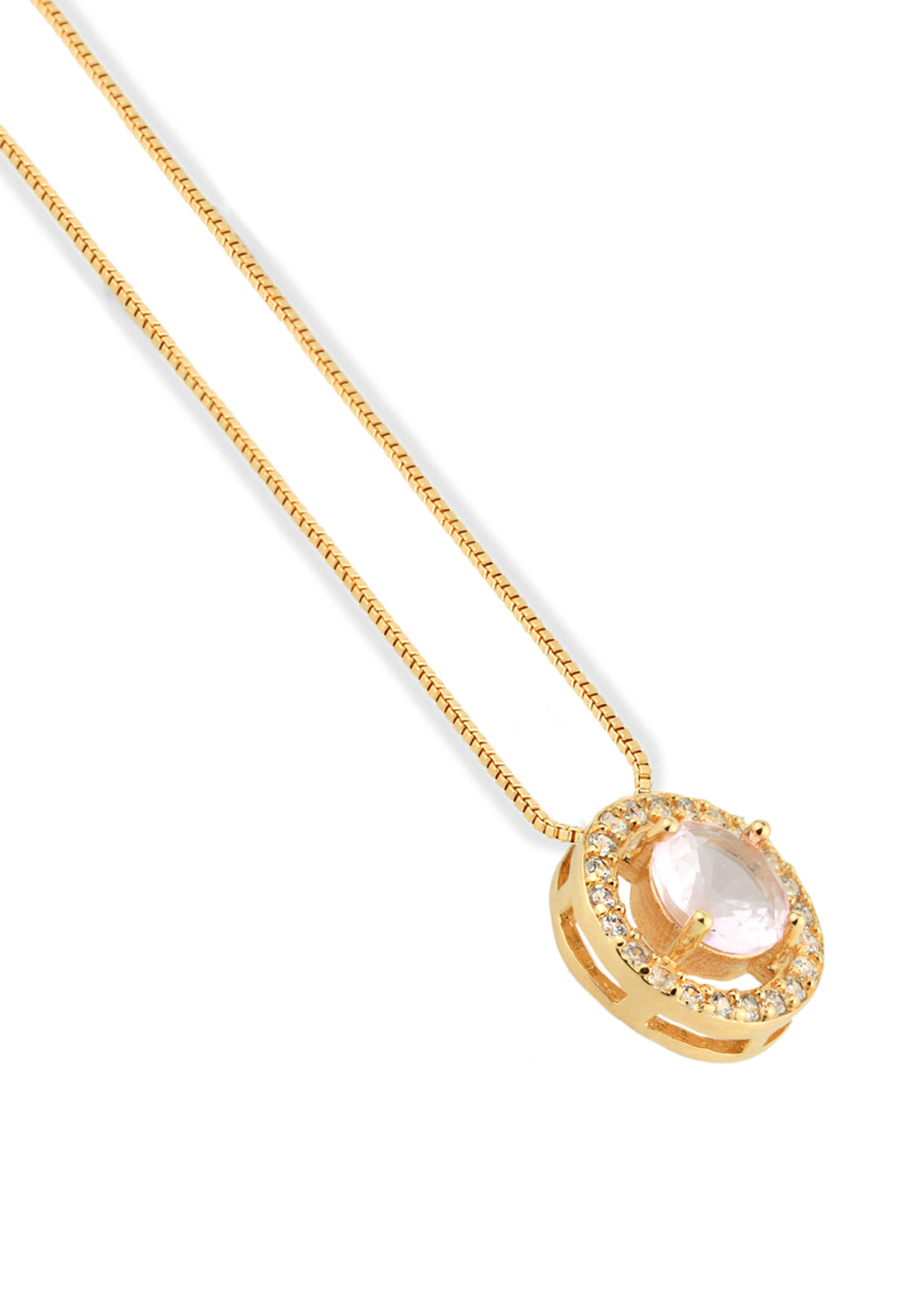 Conjunto Semijoia Colar E Brinco Pedra Morganita Cravejado Zircônias Banhado a Ouro 18k