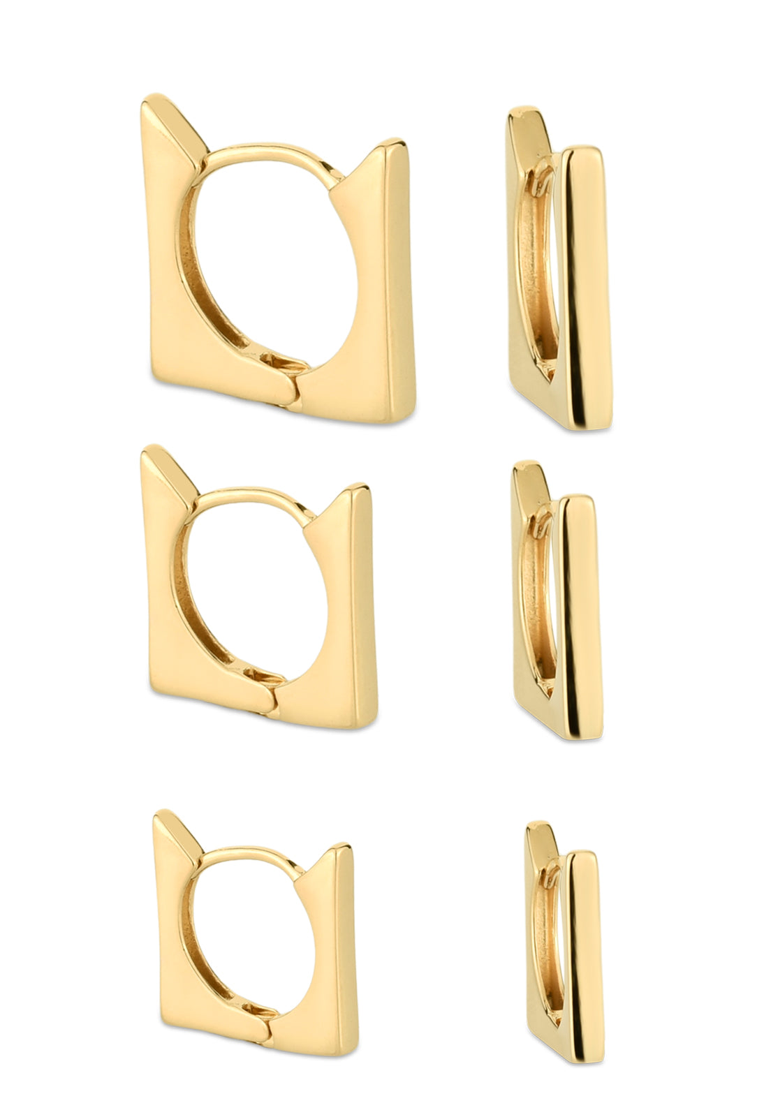 Trio de Brincos Semijoia Argolas Quadradas Lisas (9-12-14mm) Banhado a Ouro 18k