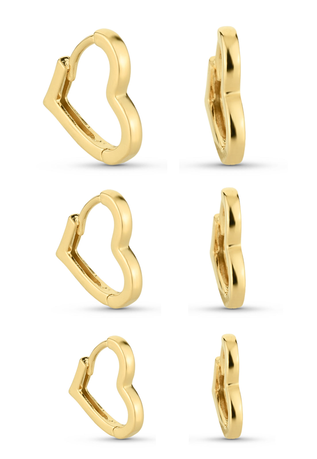 Trio de Brincos Semijoia Argolas Coração  (12-14-16mm) Banhado a Ouro 18k