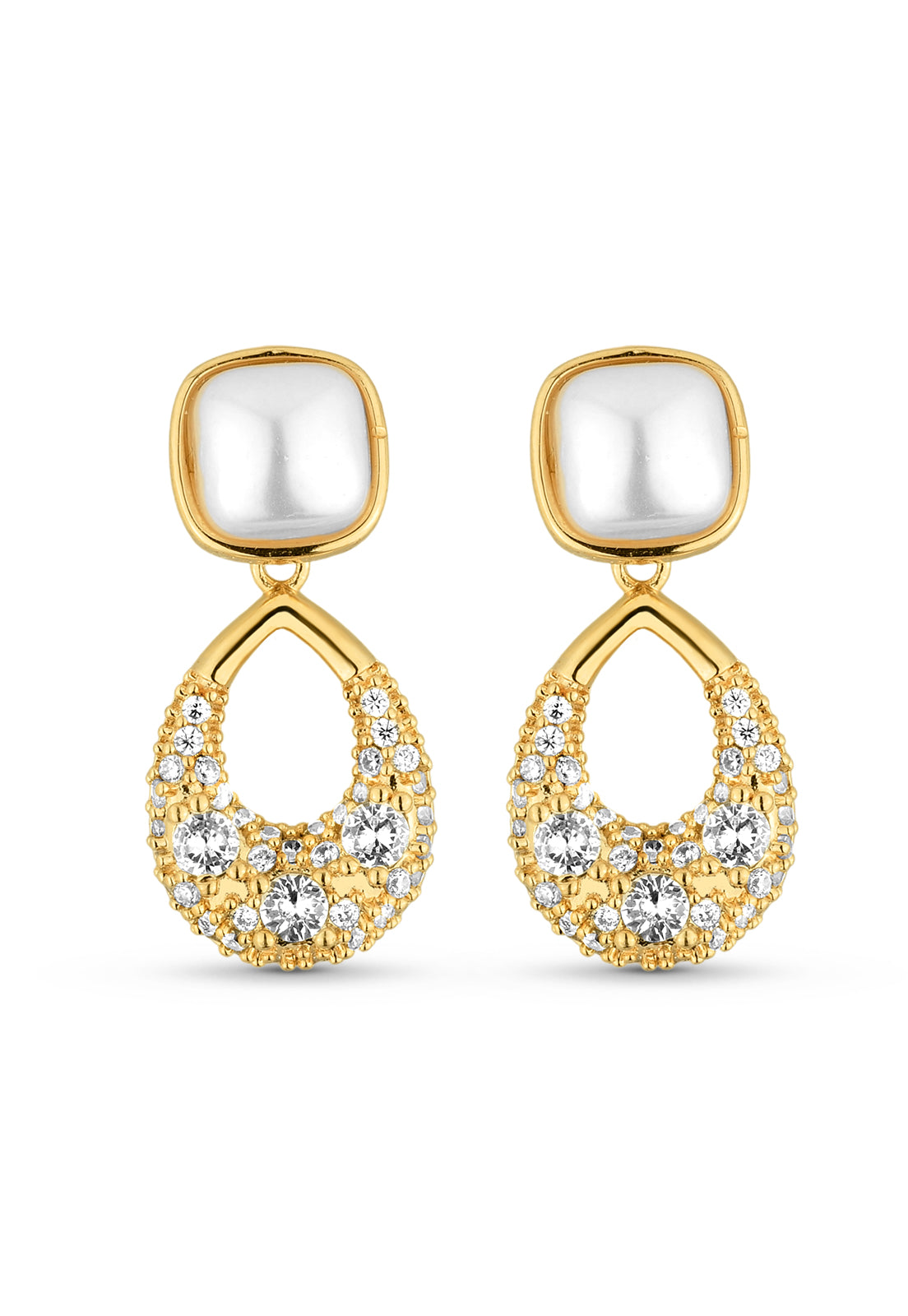 Brinco Semijoia Pérola Quadrada com Gota de Zircônias Banhado a Ouro 18k