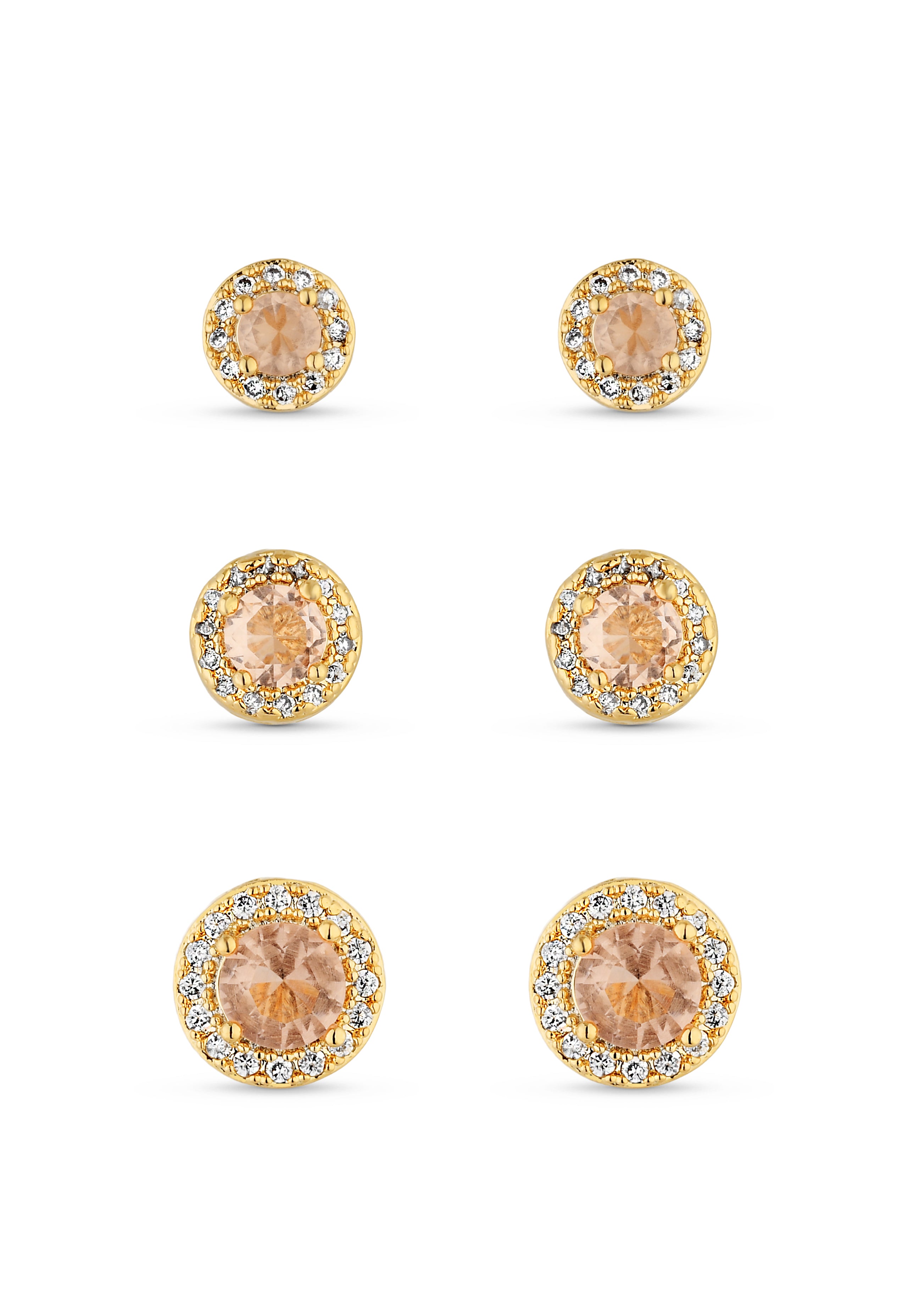 Trio de Brincos Semijoia Morganita com Micro Zircônias  Banhados a ouro 18k