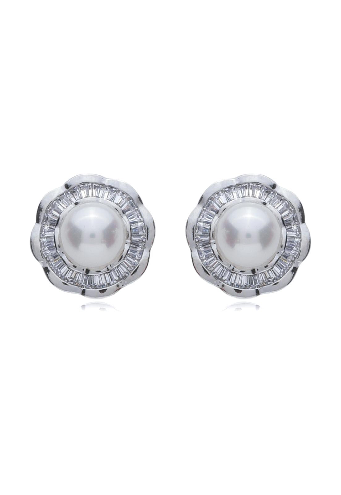 Brinco Semijoia Pérola Envolta De Micro Zircônias Em Banho Ródio Branco