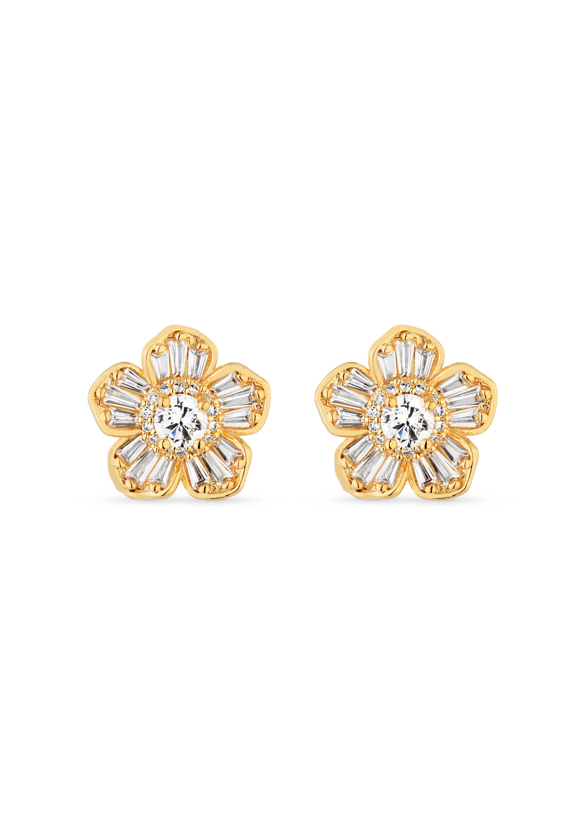 Brinco Semijoia Flor Cravejado com Zircônias Cristal Banhado a ouro 18k