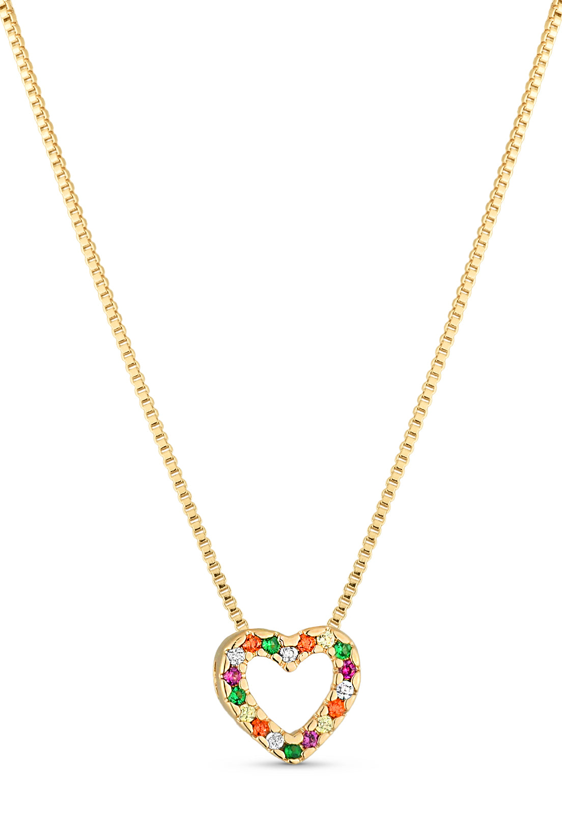 Colar Semijoia Pingente Coração Com Zircônias Coloridas Banhado a Ouro 18k