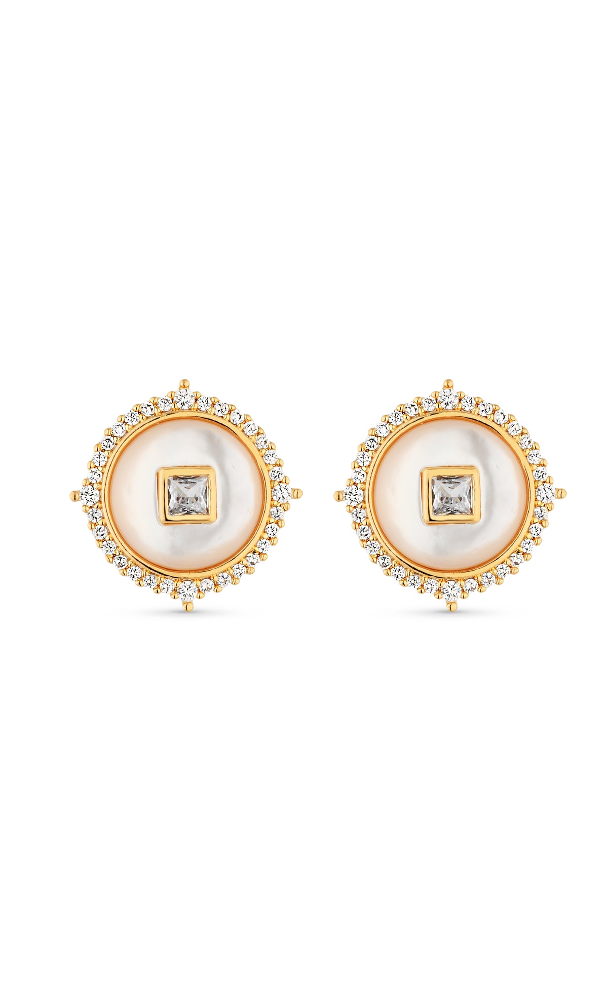 Brinco Semijoia Redondo com Madrepérola e Micro Zircônias Banhado a ouro 18k
