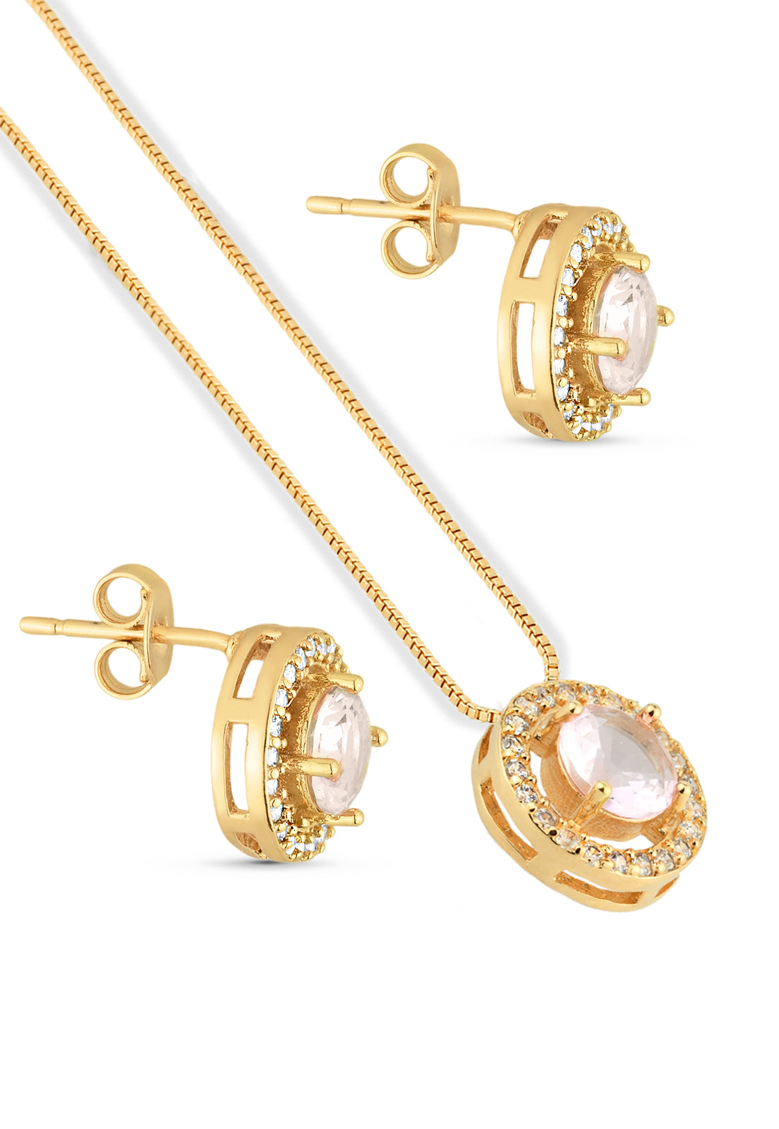 Conjunto Semijoia Colar E Brinco Pedra Morganita Cravejado Zircônias Banhado a Ouro 18k