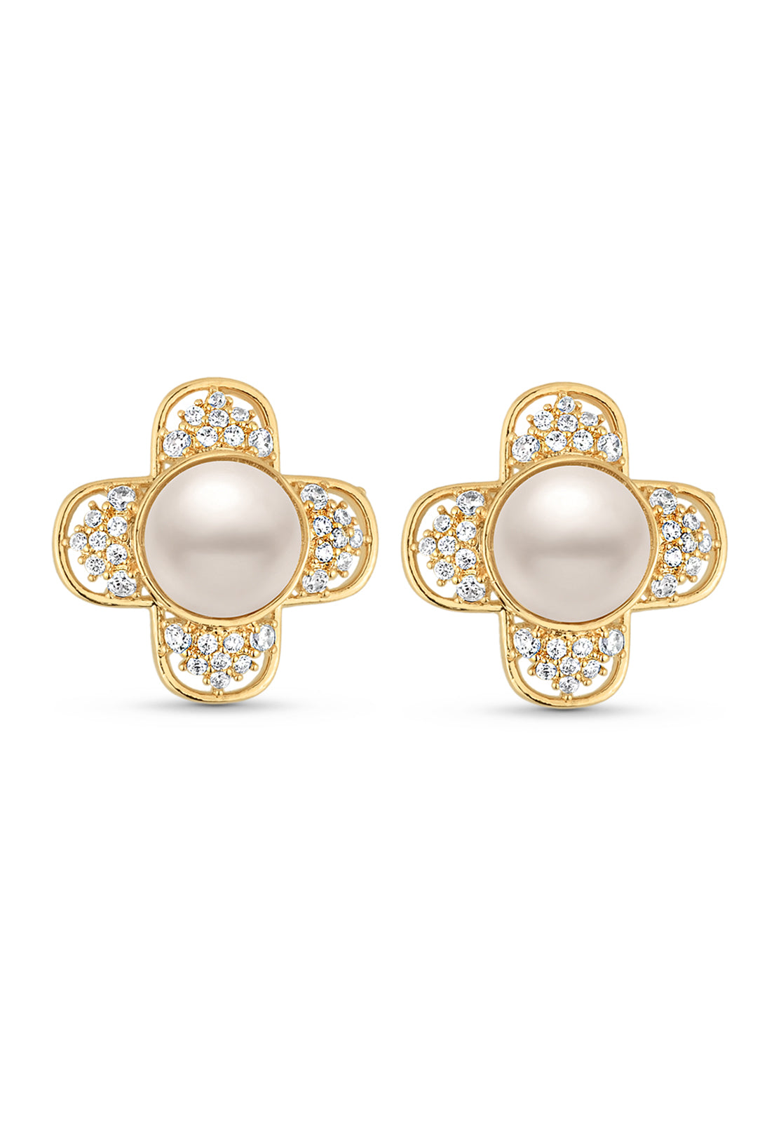 Brinco Semijoia Flor com Pérola e Zircônias Banhado a Ouro 18k