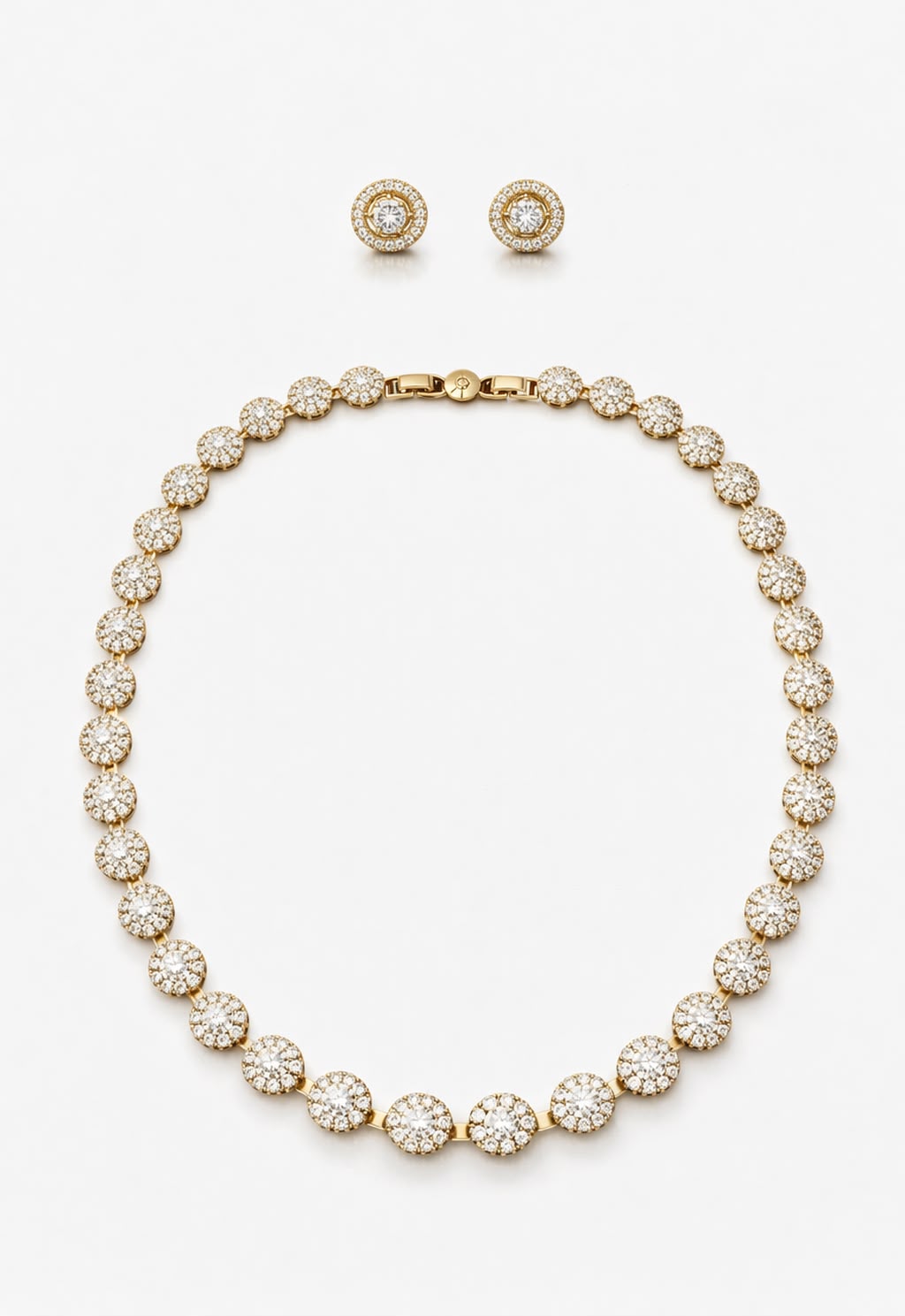 Conjunto Riviera Colar E Brinco Cravejado Com Zircônias Folheado A Ouro 18K