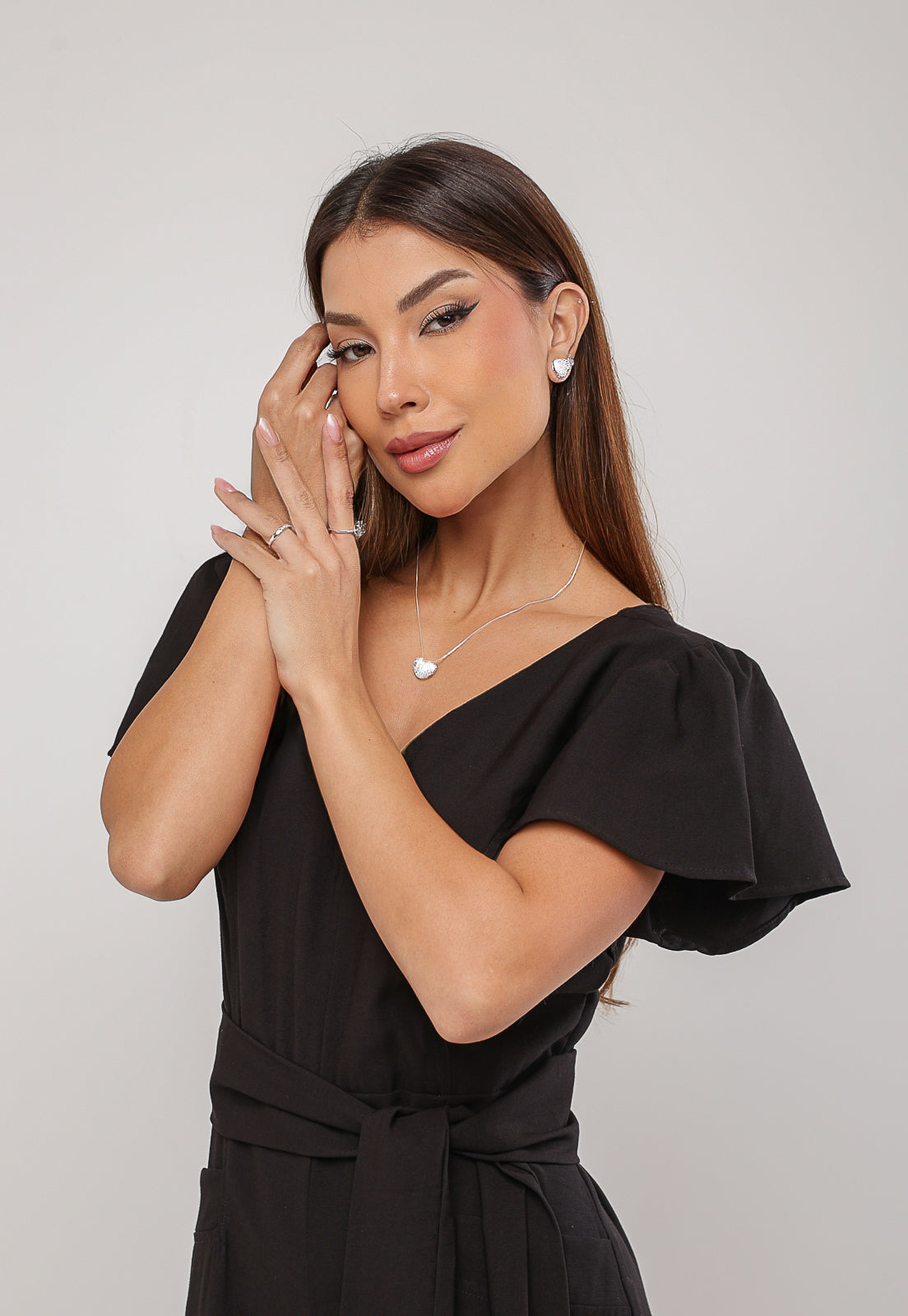 Conjunto Colar e Brinco Coração com Micro Zircônias Cravejadas Banhado a Prata 925