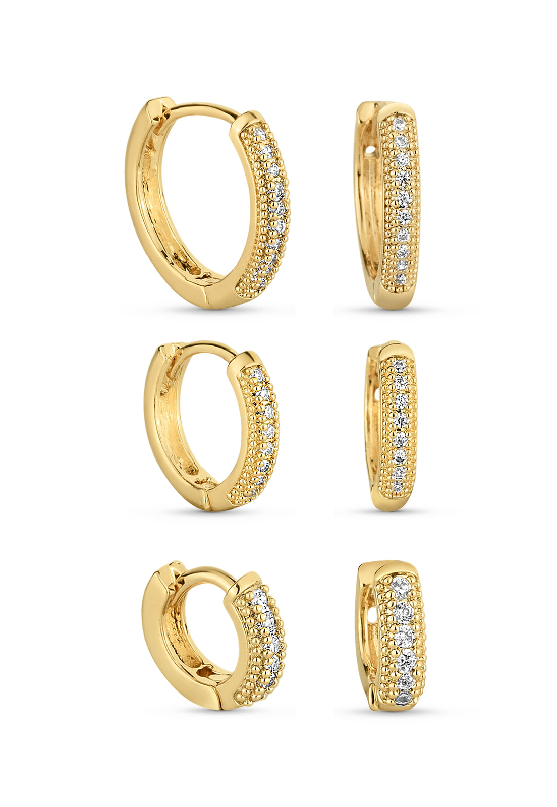 Trio de Brincos Semijoia Argolas com Zircônias Cristal (10-14-16mm) Banhado a Ouro 18k