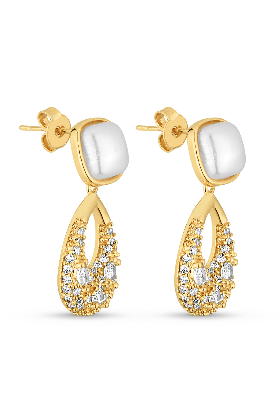 Brinco Semijoia Pérola Quadrada com Gota de Zircônias Banhado a Ouro 18k