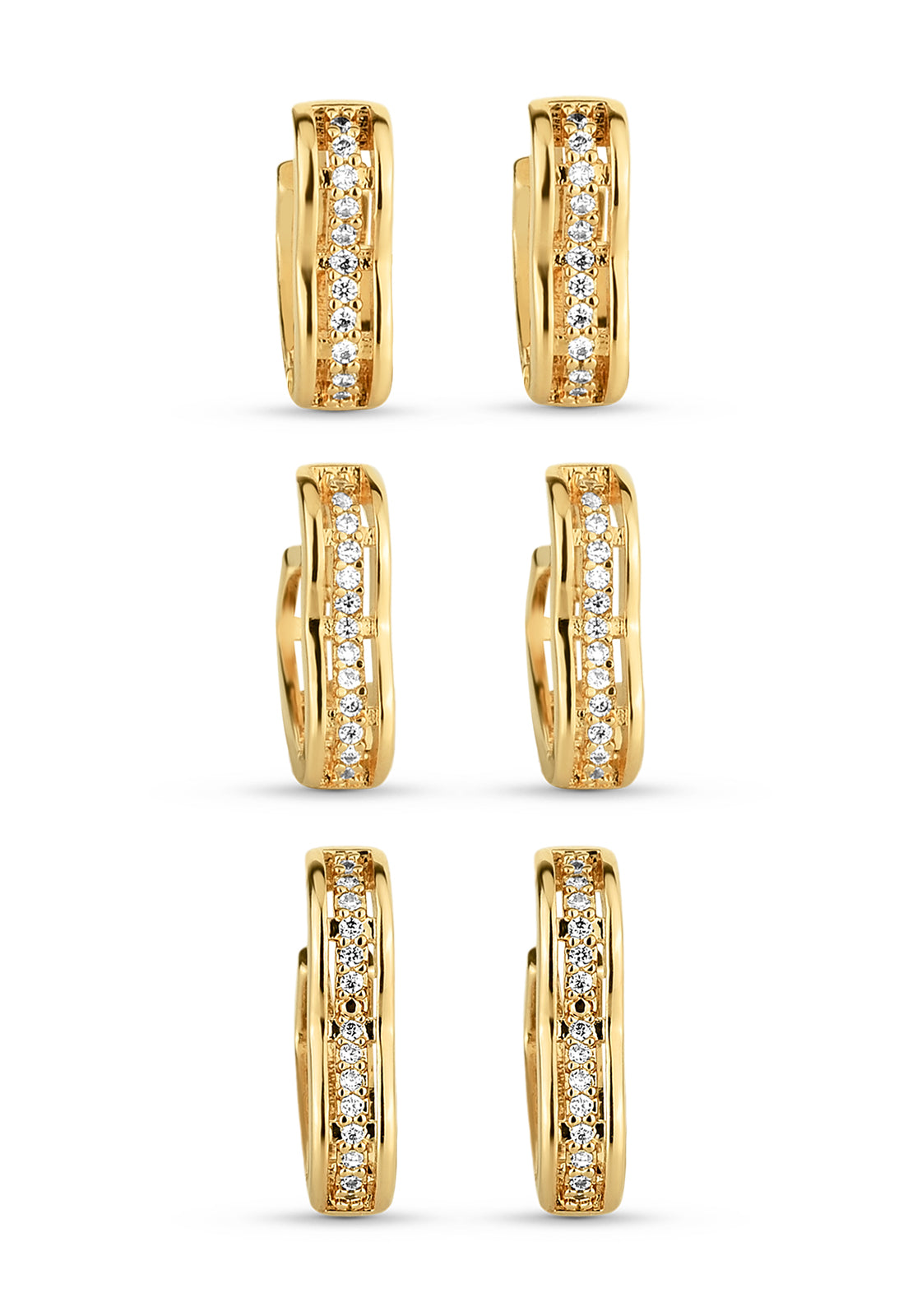 Trio de Brincos Semijoia Argolas Coração com Zircônias (12-14-16mm) Banhado a Ouro 18k