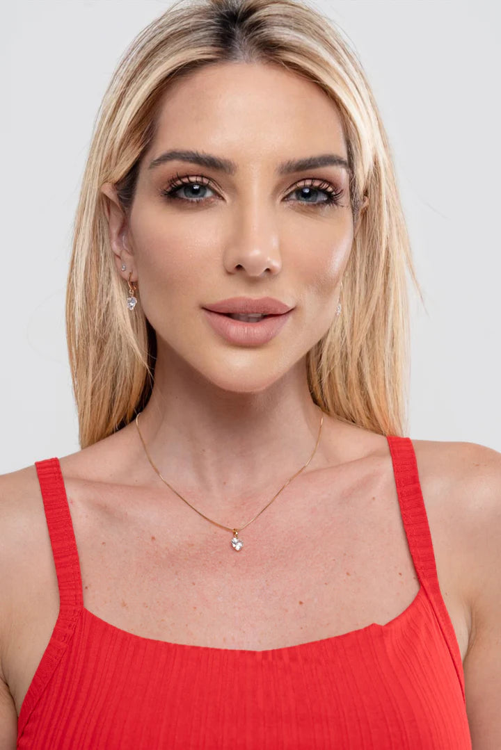 Conjunto Semijoia Colar E Brinco Articulado Coração Zircônia Cristal Banhado a Ouro 18k