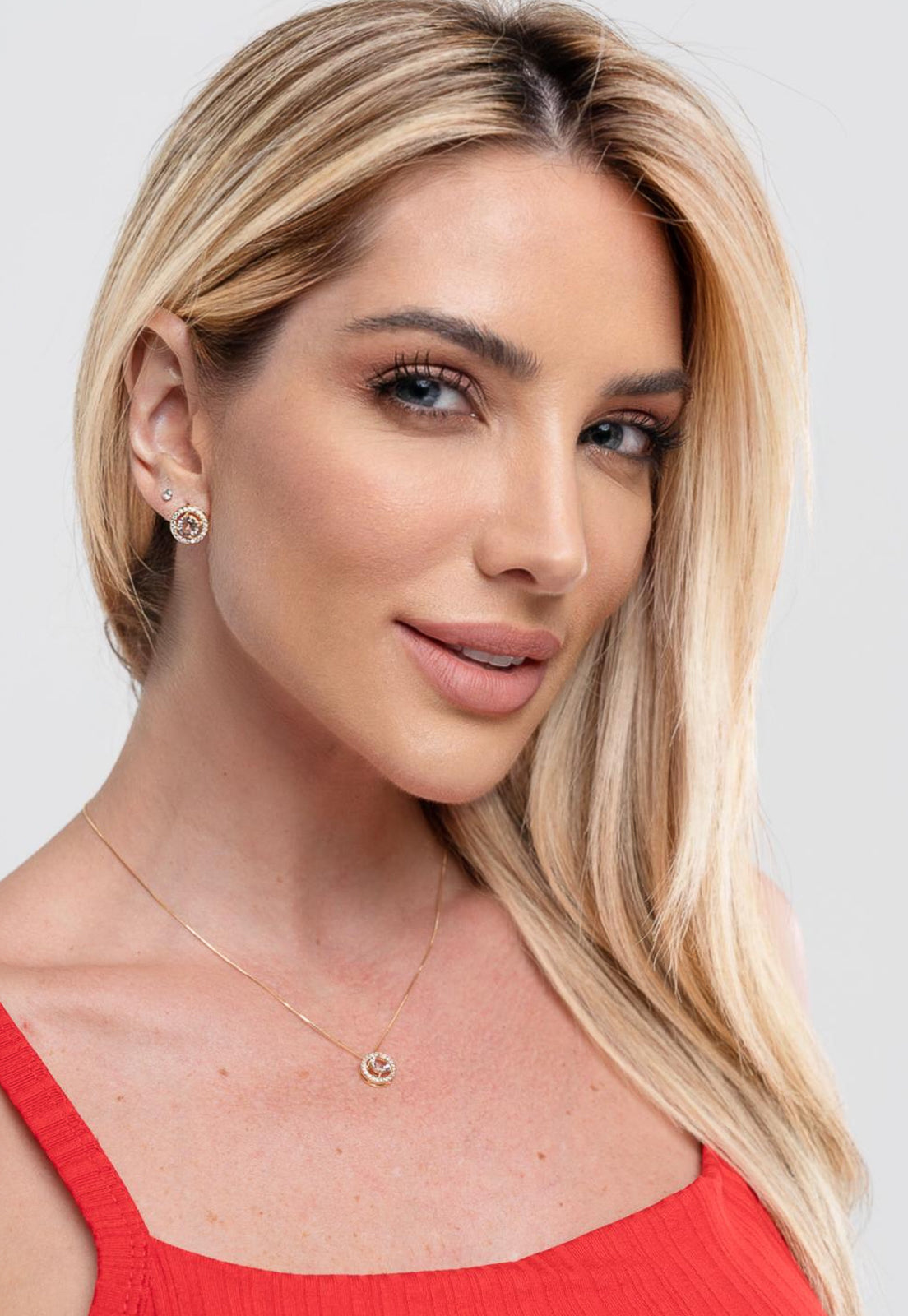 Conjunto Semijoia Colar E Brinco Pedra Morganita Cravejado Zircônias Banhado a Ouro 18k