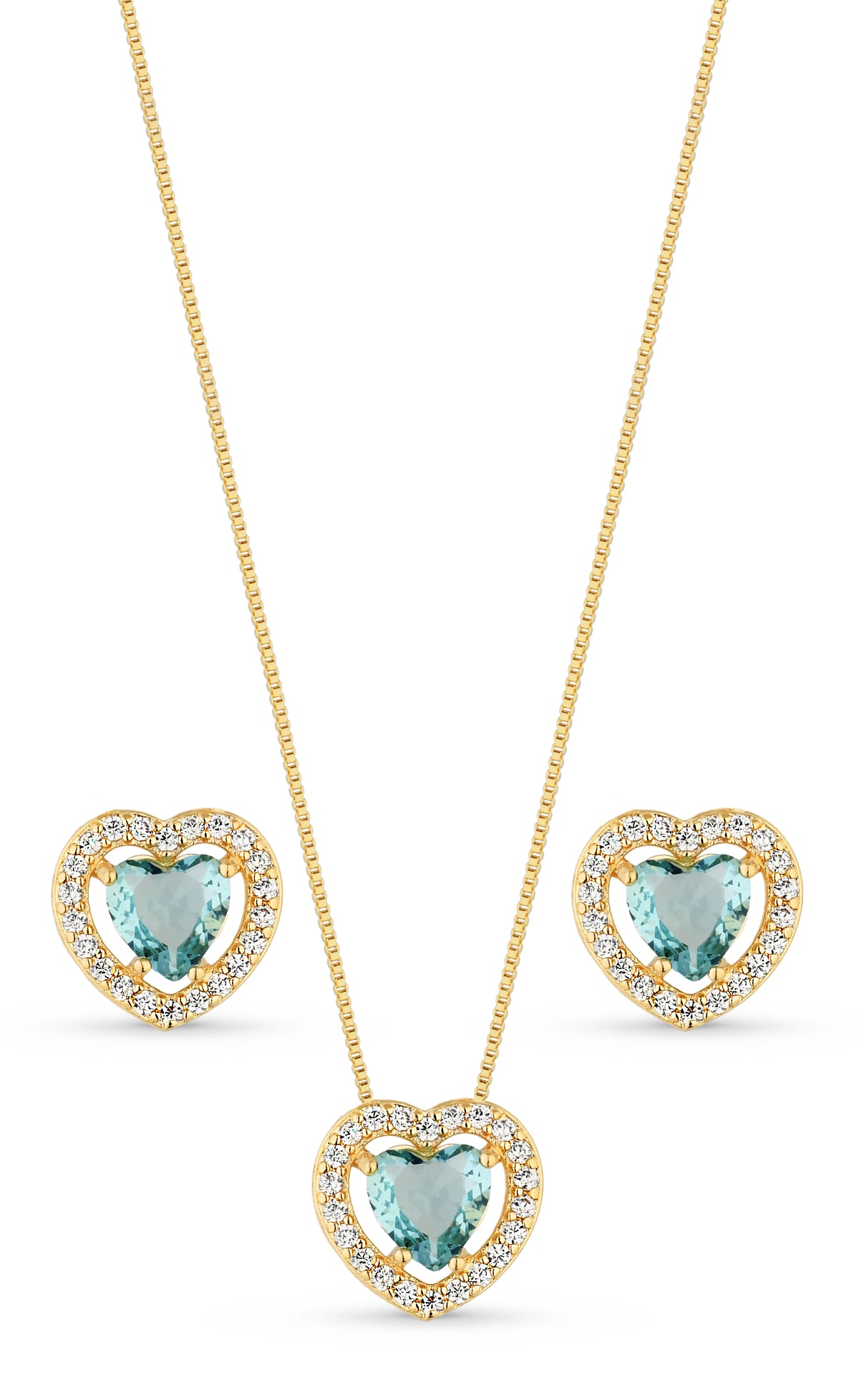 Conjunto Semijoia Colar E Brinco Coração Azul E Micro Zircônias Banhado A Ouro 18k