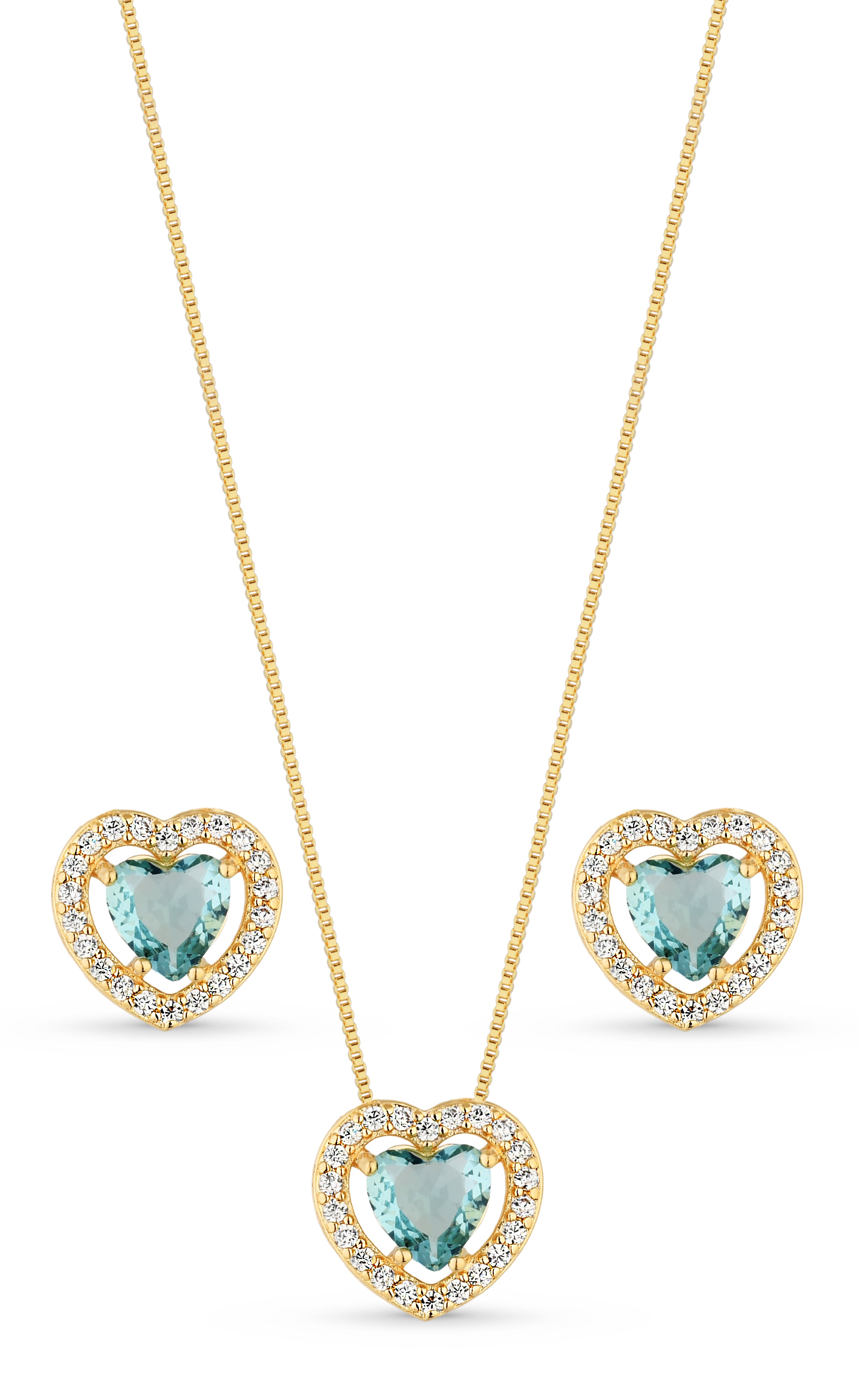 Conjunto Semijoia Colar E Brinco Coração Azul E Micro Zircônias Banhado A Ouro 18k