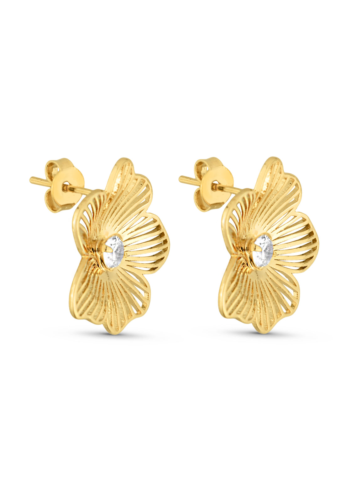Brinco Semijoia Flor com Pétalas Vazadas e Zircônia Banhado a Ouro 18k